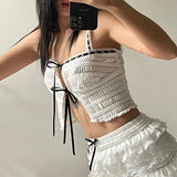 OOTDGIRL Sweet White Women Top Camisole Shirring Cutecore Front Tie-Up Summer Crop Tops Split Coquette Clothes Lolita Kawaii