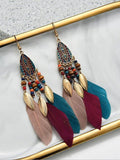 OOTDGIRL 2024 New National Original 5 Colors Feather Tassels Beads Chains 6 Colors Earrings