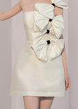 OOTDGIRL Chic White Bow Solid Silk Mid Dress Sleeveless