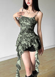 OOTDGIRL Green Print Cotton Spaghetti Strap Dress Asymmetrical Summer