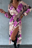OOTDGIRL 2024 new Midi dresses Elegant Floral Slit V Neck Printed Dress Dresses
