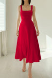 OOTDGIRL 2024 new Midi dresses Simplicity Solid Frenulum Square Collar Sling Dress Dresses