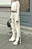 OOTDGIRL 2024 New Elegant Woman Beige  Interlaced Striped Slit Knit Crop Pants Women's Knit Top- Bottom Set