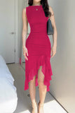 OOTDGIRL 2024 new Midi dresses Sexy Celebrities Solid Fold Asymmetrical O Neck Irregular Dress Dresses