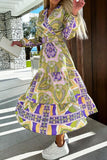 OOTDGIRL 2024 new Midi dresses Casual Print Patchwork V Neck Long Sleeve Dresses