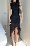 OOTDGIRL 2024 new Midi dresses Sexy Celebrities Solid Fold Asymmetrical O Neck Irregular Dress Dresses
