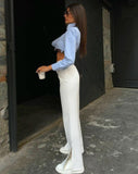 OOTDGIRL 2024 New Elegant Woman Flare-Leg Slit Pants in White - Noxlook
