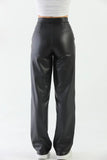 OOTDGIRL 2024 New Elegant Woman Black Leather High-Waisted Wide-Leg Pants with Lining