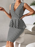 OOTDGIRL 2024 new Midi dresses Houndstooth Print 2 In 1 Dress, Elegant V Neck Sleeveless Dress For Spring & Summer, Women's Clothing