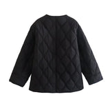 Women's fashionable round neck loose rhombus cotton coat with extended thread