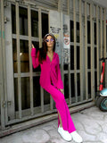 OOTDGIRL 2024 New Elegant Woman Polo Collar Cuffed Sleeve Blouse and Pants Set in Fuchsia - Noxlook