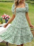 OOTDGIRL 2024 new Midi dresses Ditsy Print Layer Ruffle Dress, Vacation Puff Sleeve Square Neck Dress, Women's Clothing