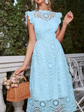 OOTDGIRL Blue Contrast Lace Solid Midi Dress