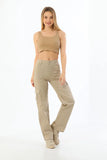 OOTDGIRL 2024 New Elegant Woman Beige Cargo Pocketed Stretch High-Waisted Wide Leg Pants
