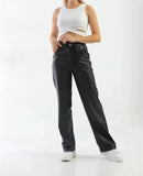 OOTDGIRL 2024 New Elegant Woman Black Leather High-Waisted Wide-Leg Pants with Lining