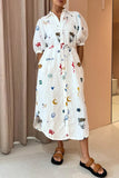OOTDGIRL 2024 new Midi dresses Casual Letter Print Digital Pocket Turndown Collar Shirt Dress Dresses