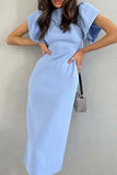 OOTDGIRL 2024 new Midi dresses Cute Elegant Solid Flounce Slit O Neck Wrapped Skirt Dresses