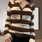 OOTDGIRL 2024 New Spring Autumn Women's  SweaterStriped Button Up Ribbed Knit Top