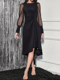 OOTDGIRL 2024 new Midi dresses Contrast Mesh Asymmetrical Dress, Elegant Crew Neck Dress For Spring & Fall, Women's Clothing