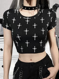 Ootdgirl Halloween Gothic Cross Print Women Top Y2K Harajuku Hip Hop Fashion Steampunk Crop Top Oneck Black Short Sleeve Streetwear T-Shirt