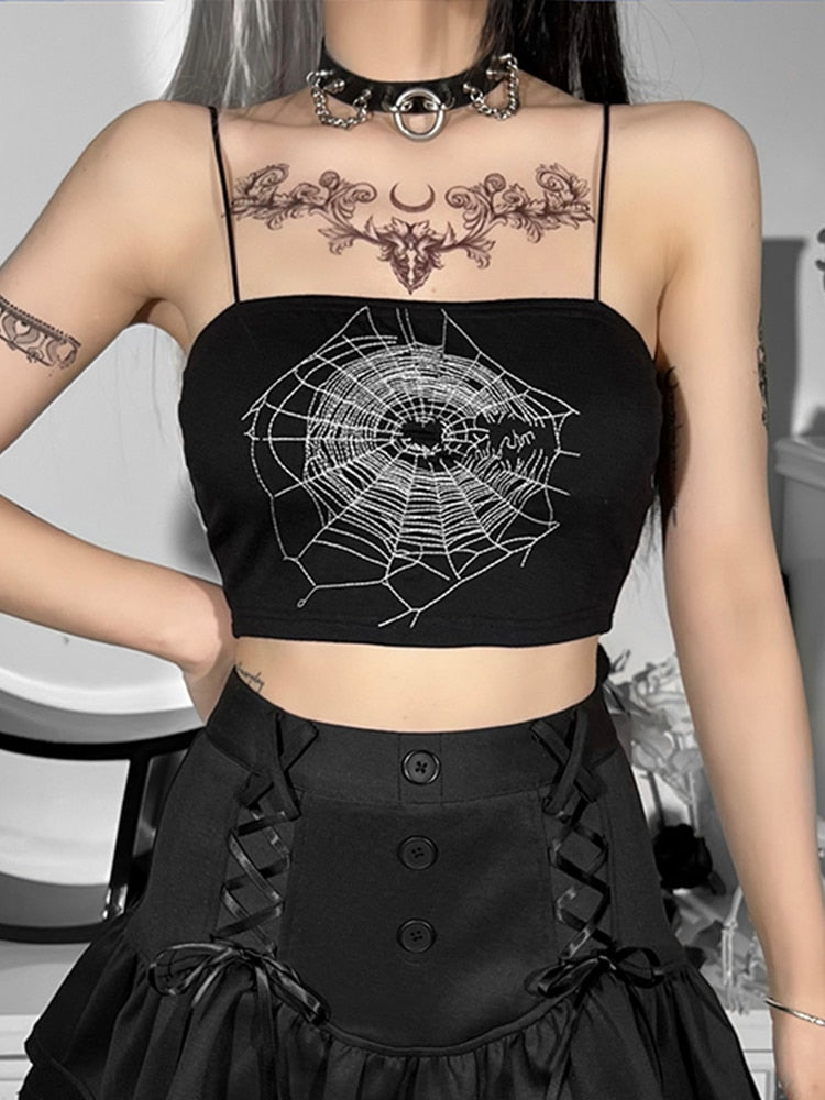 Ootdgirl Halloween Goth Black Spiderweb Print Camis Y2K Harajuku Backless Spaghetti Straps Camisoles Streetwear Grunge E Girl Summer Tops