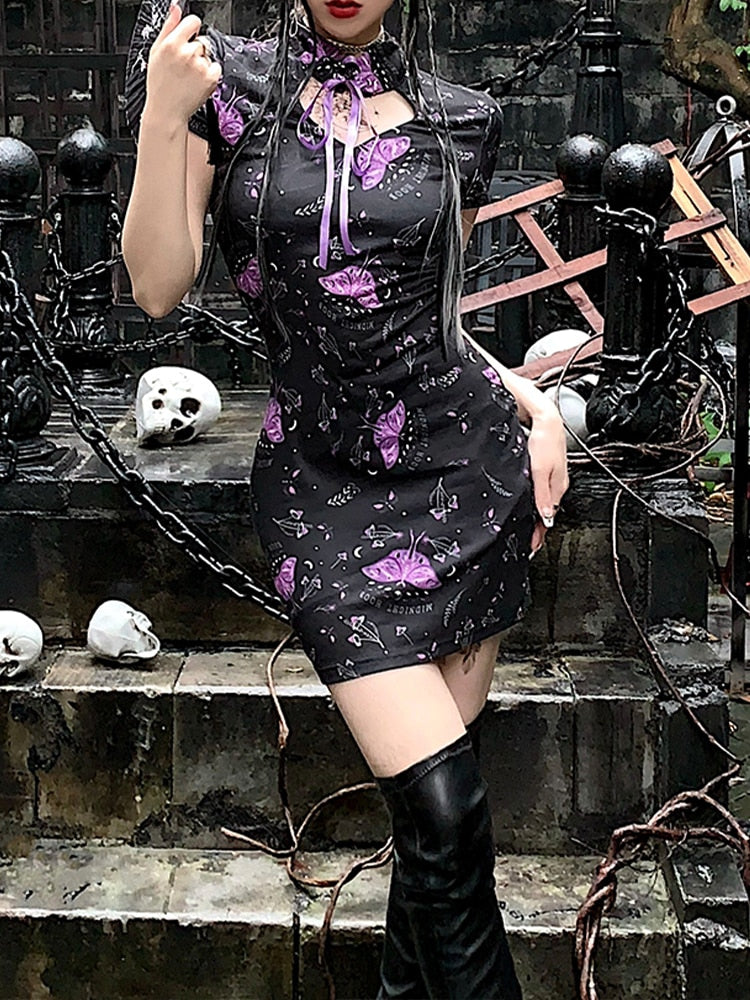 Ootdgirl Halloween Mall Hollow Out Floral Mini Dress Lace-Up Gothic Korean Fashion  Bodycon Dress Street Art Summer Anime Mini Dresses