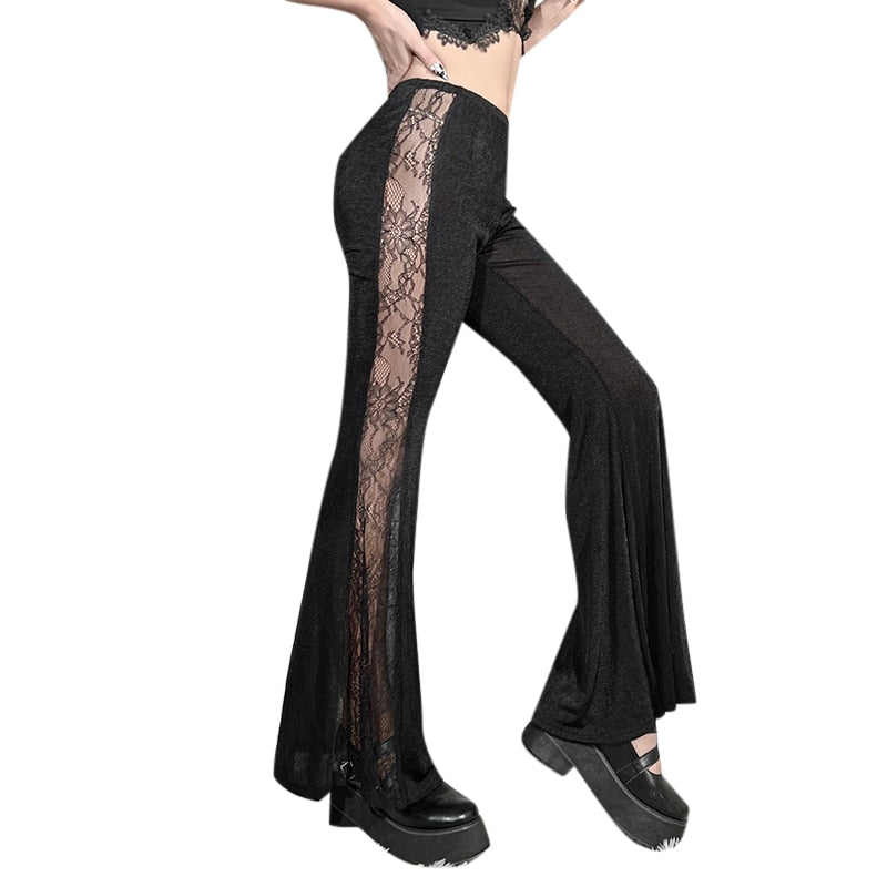 Ootdgirl Halloween Gothic Side See Through Mesh Aesthetic Strap Flared Pants Fairy Grunge Hollow Out  Sweatpants Hip Hop Fashion Pant