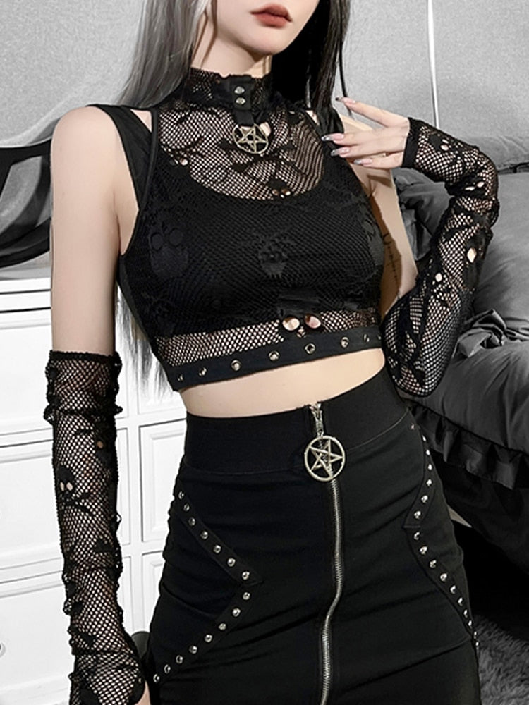 Ootdgirl Halloween Gothic Y2k Emo Skeleton Bone Black Lace Gloves Women Vest Vintage Basic  Outfits For Woman Fairycore Exotic Tops