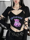 Ootdgirl Halloween Gothic Y2K Bear Pattern 2PCS Halter T Shirts Punk Chain With Over Sleeves Tee Set Mall Steampunk Black High Street Top