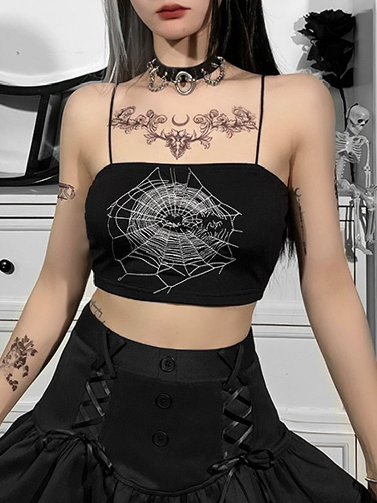 Ootdgirl Halloween Goth Black Spiderweb Print Camis Y2K Harajuku Backless Spaghetti Straps Camisoles Streetwear Grunge E Girl Summer Tops