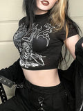 Ootdgirl Halloween Y2K Crop Top Grunge Print Harajuku Gothic Skull Letter Woman T-Shirt Waistless Backless Button  Punk Tee High Street