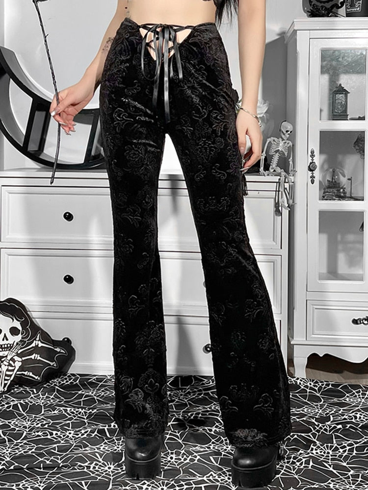 Ootdgirl Halloween Flared Print Pants Mall Goth Vintage Aesthetic  Lace Up Low Waist Women Trousers Streetwear Punk Grunge Long Pants