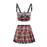 Ootdgirl Halloween Insgoth Y2K Plaid Corset Crop Top 2Pieces Outfit Women Set Street Punk Summer Red Button Backless Mini Skirt Set Party Club Suit
