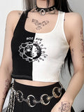 Ootdgirl Halloween Punk High Street Black White Sun Print Patchwork Tank Y2K Fairy Grunge Goth Letter Crop Top Rave Outfit Sports Camis