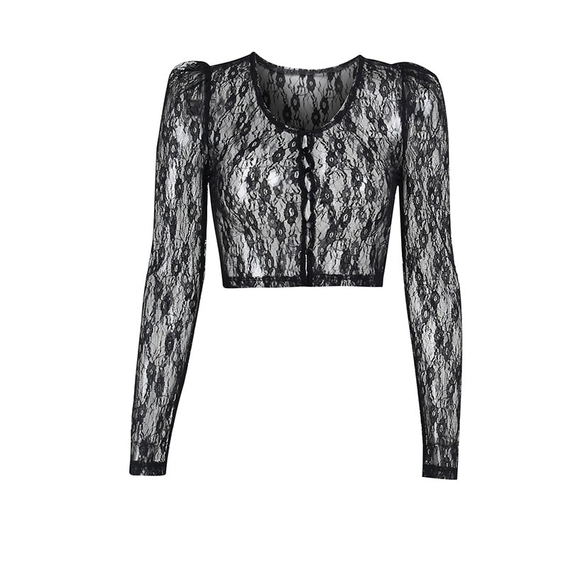Ootdgirl Halloween  Lace Cutout Sheer Top Spider Web Pattern Patchwork Button Black Cover Up Gothic Aesthetic Long Sleeve Ladies Top