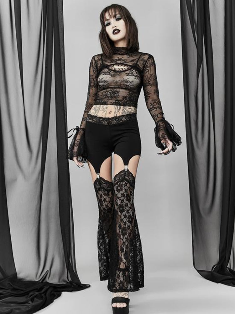 Ootdgirl Halloween Cut Out Patchwork Flare Pants Gothic Women See Through Summer Pants With Lace Fashion Hip Hop High Waist Pant Streetwear
