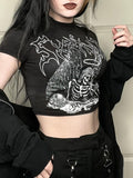 Ootdgirl Halloween Y2K Crop Top Grunge Print Harajuku Gothic Skull Letter Woman T-Shirt Waistless Backless Button  Punk Tee High Street