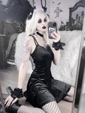 Ootdgirl Halloween Goth Backless Velvet Spaghetti Strap Dress A Line Wing Lace Up Aesthetic Dress Black High Waist Sleeveless V Neck Dress