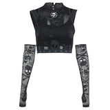 Ootdgirl Halloween Gothic Y2k Emo Skeleton Bone Black Lace Gloves Women Vest Vintage Basic  Outfits For Woman Fairycore Exotic Tops