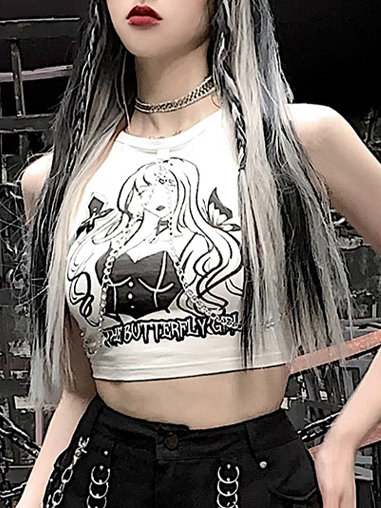 Ootdgirl Halloween Y2k Printed Anime Tank Top Emo Vintage Women's Clothing 2022 Latest Fashion Harajuku Bodycon Crop Top Gothic Party Club