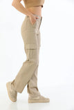 OOTDGIRL 2024 New Elegant Woman Beige Cargo Pocketed Stretch High-Waisted Wide Leg Pants