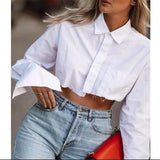 OOTDGIRL Women Fashion White Crop Top Blouses Sexy Turn-Down Collar Shirt Long Sleeve Female Clothing Spring Autumn Streetwear Pullover