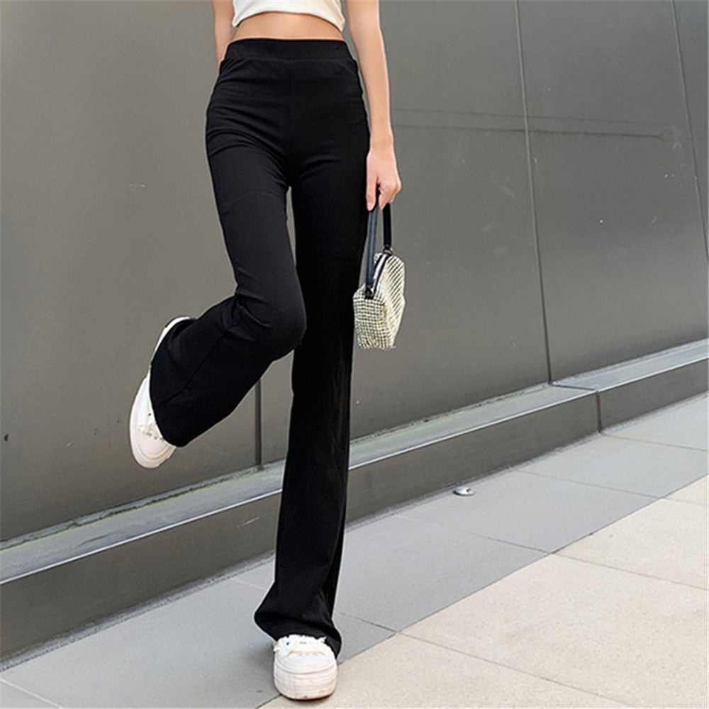 OOTDGIRL All-Match Women Fashion Elastic Waist Black Flared Pants Solid Color High Waist Wide Leg Trousers Casual Hipster Streetwear