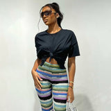 Ootdgirl  Colorful Striped Knitted Stacked Pants Streetwear Women Hippie Clothes Fall 2022  Extra Long Trousers C69-CB22