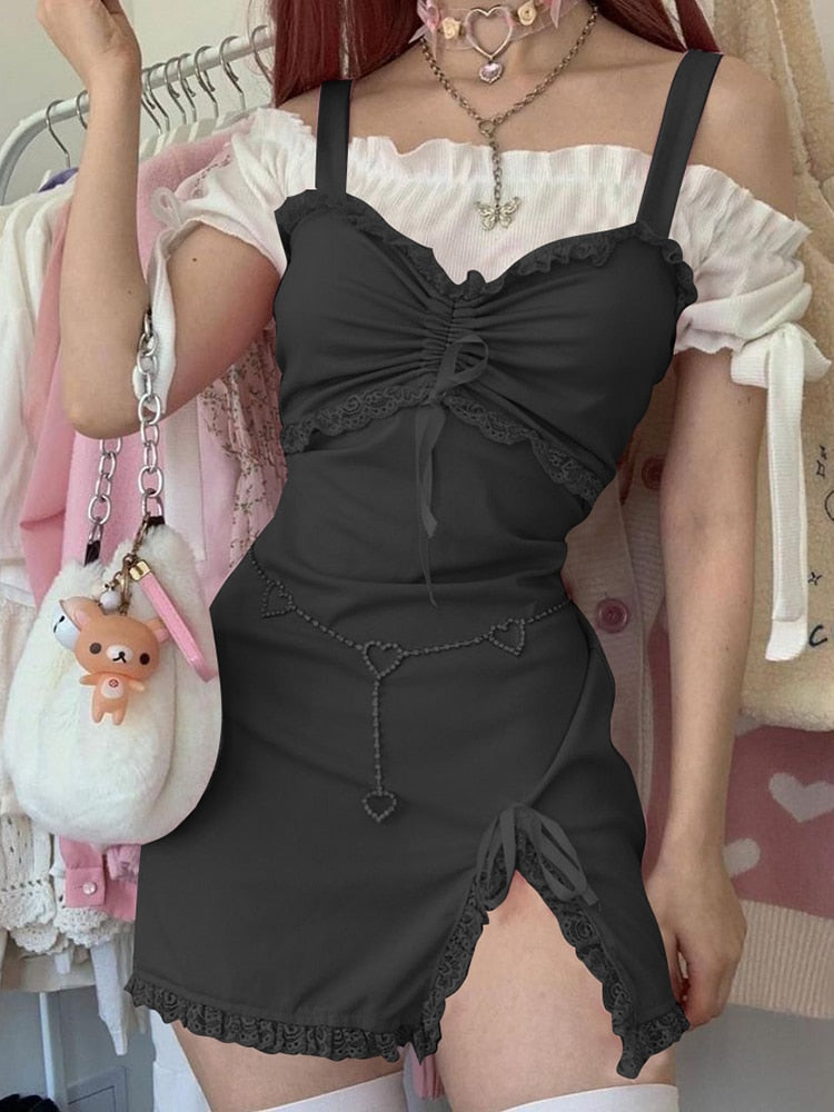 Ootdgirl Halloween Y2k Aesthetic Harajuku Kwaii Pink Bow Mini Dress Pastel Gothic Women  Bodycon Dresses Lace Drawstring Split Dress