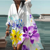 Ootdgirl Spring Summer New 2022 V Neck Casual Print Shirt Dresses Fashion Elegant Long Sleeves Irregular Buttons  Beach Party Dresses