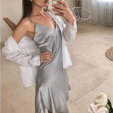 Ootdgirl  Women  Deep V Neck Satin Dresses Spaghetti Strap Pajamas Party Dress 2022 Elegant Solid Color Female Dress Homewear Vestidos