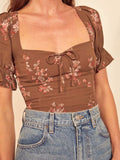 OOTDGIRL Summer Women Camis Short Sexy Casual Sleeveless Floral Print Brown Tank Top Slim Adjustable Slim Top Spaghetti Straps