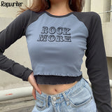 Ootdgirl  Fake 2 Pieces Contrast Color Crop Tops Women 2022 Hot O-Neck Long Sleeve Casual T Shirt Tee Shirt Femme Streetwear Rawpriter