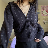 OOTDGIRL 90S Vintage Skulls Print Black Sweatshirt Zipper Long Sleeve Autumn Hoodies Fairycore Grunge Jackets Retro Harajuku Winter Coat
